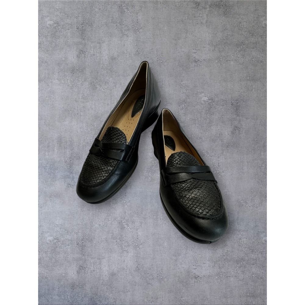 ECCO Abelone Penny Wedge Leather Loafers Womens 39 Black EUC Snake Embossed